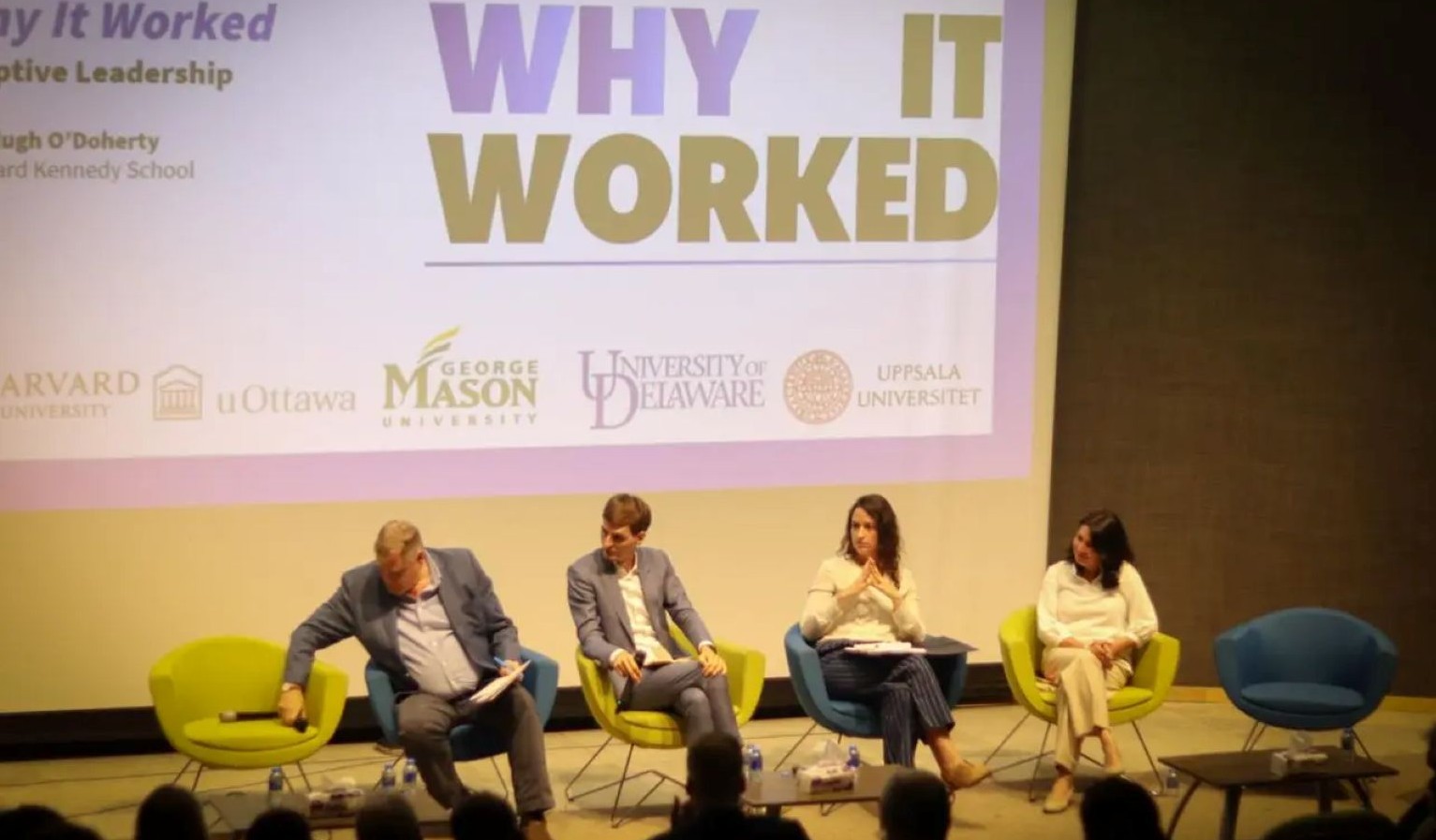 Panelists on stage at the "Why It Worked" adaptive leadership event